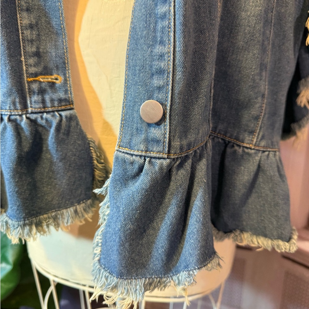 Hayden Denim Distressed Ruffle Jacket Short Sleeve Boho Flap Pockets Ombré 1XL - Picture 4 of 12